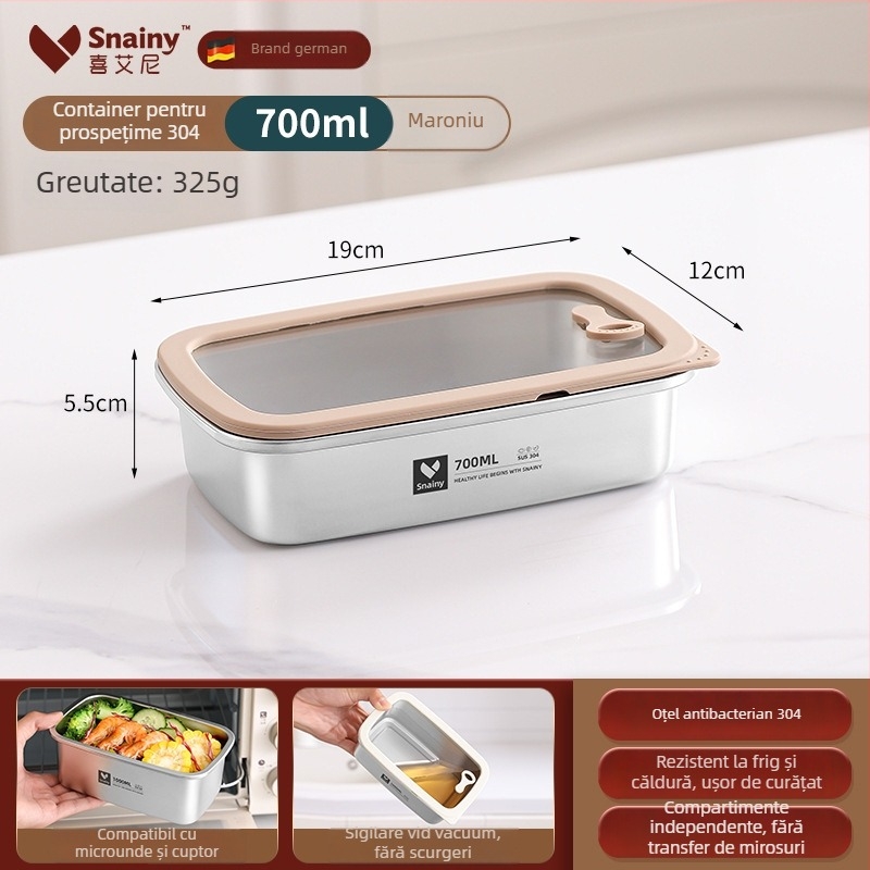 Cutie pentru prânz din oțel inoxidabil 304, cu capac, pătrată, de calitate alimentară, compatibilă cu microunde, capacitate 800–1000 ml