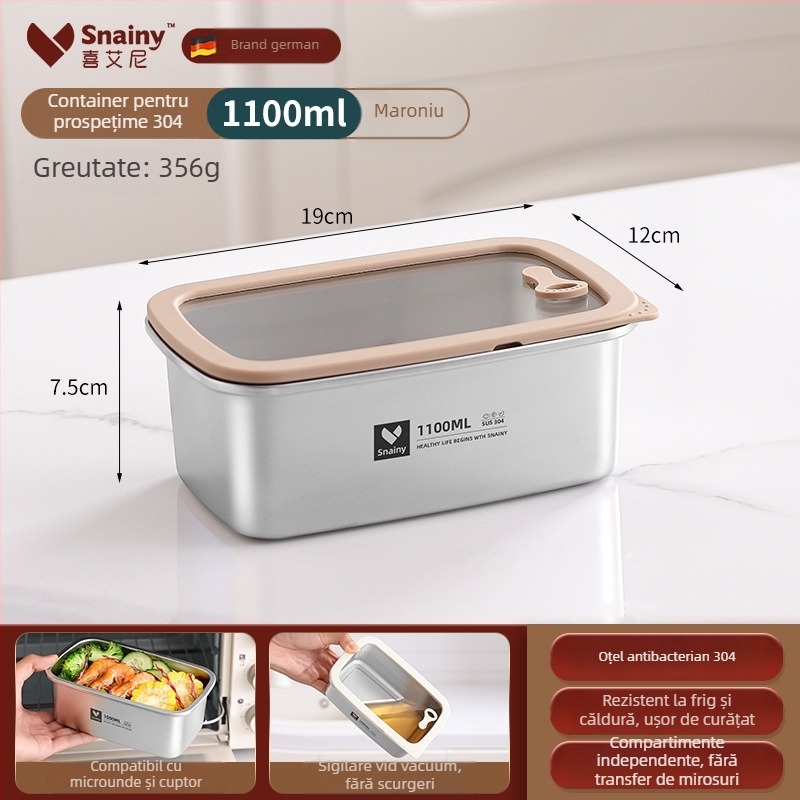 Cutie pentru prânz din oțel inoxidabil 304, cu capac, pătrată, de calitate alimentară, compatibilă cu microunde, capacitate 800–1000 ml