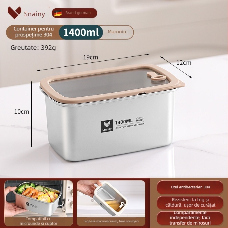 Cutie pentru prânz din oțel inoxidabil 304, cu capac, pătrată, de calitate alimentară, compatibilă cu microunde, capacitate 800–1000 ml