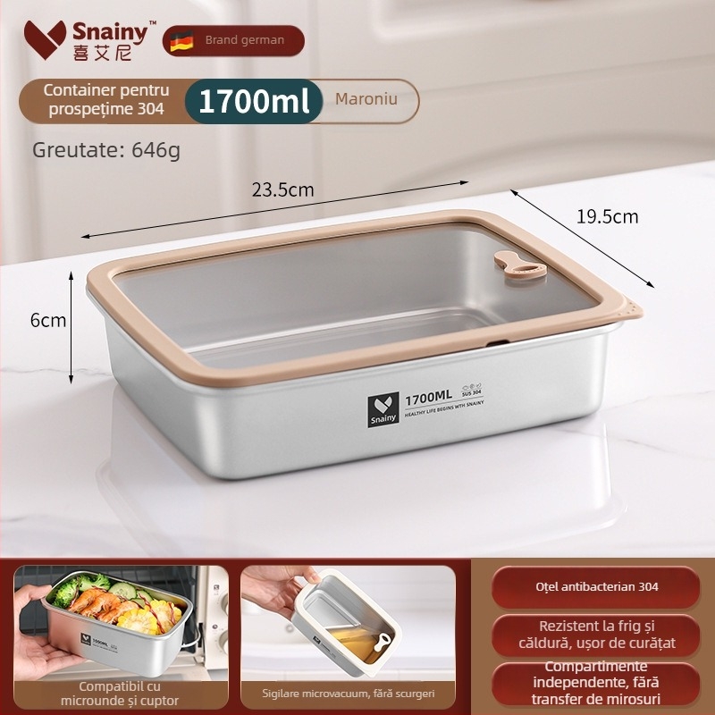 Cutie pentru prânz din oțel inoxidabil 304, cu capac, pătrată, de calitate alimentară, compatibilă cu microunde, capacitate 800–1000 ml