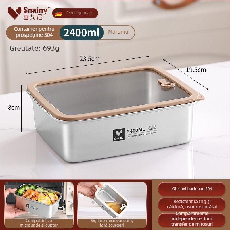 Cutie pentru prânz din oțel inoxidabil 304, cu capac, pătrată, de calitate alimentară, compatibilă cu microunde, capacitate 800–1000 ml