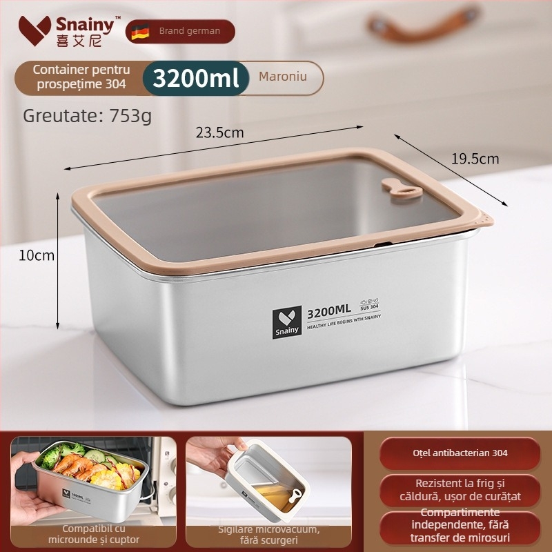 Cutie pentru prânz din oțel inoxidabil 304, cu capac, pătrată, de calitate alimentară, compatibilă cu microunde, capacitate 800–1000 ml