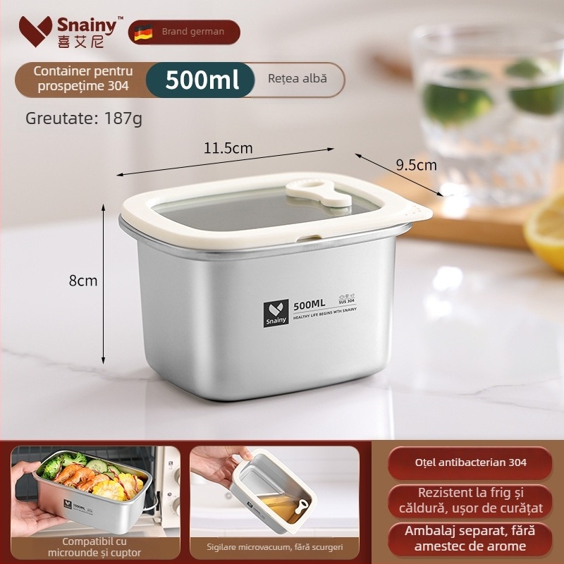 Cutie pentru prânz din oțel inoxidabil 304, cu capac, pătrată, de calitate alimentară, compatibilă cu microunde, capacitate 800–1000 ml