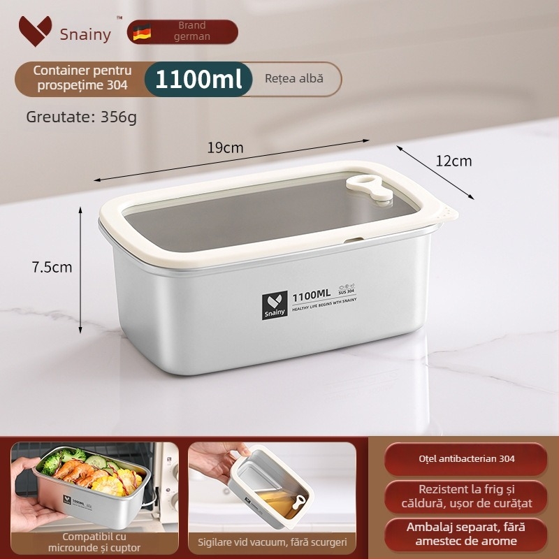 Cutie pentru prânz din oțel inoxidabil 304, cu capac, pătrată, de calitate alimentară, compatibilă cu microunde, capacitate 800–1000 ml