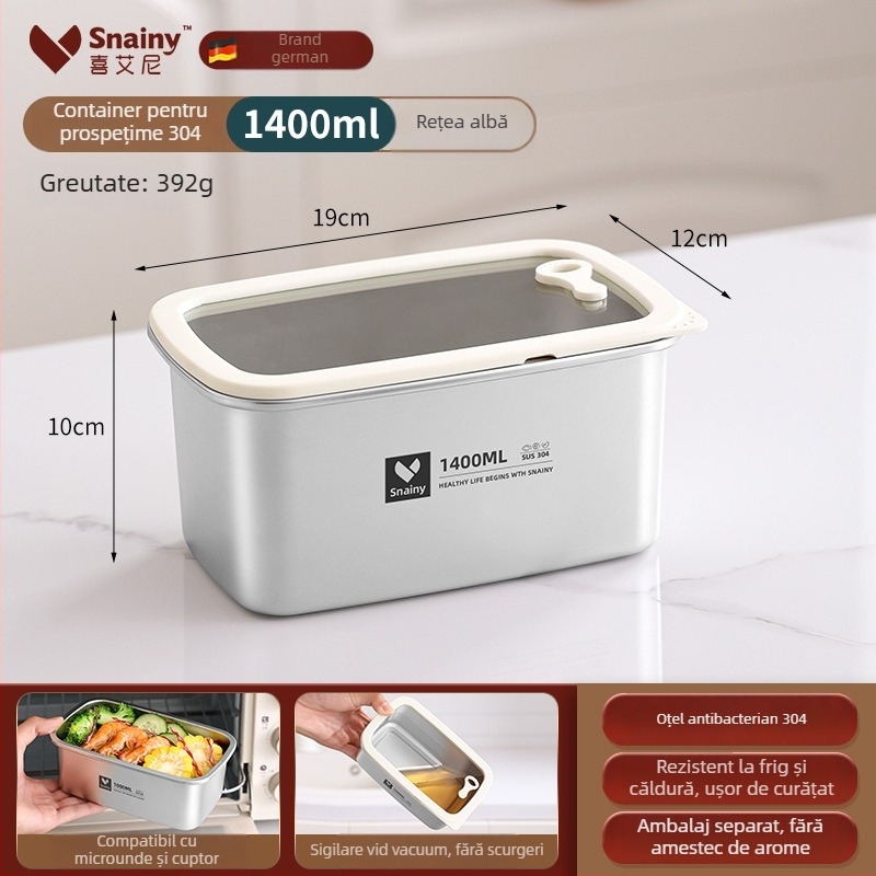 Cutie pentru prânz din oțel inoxidabil 304, cu capac, pătrată, de calitate alimentară, compatibilă cu microunde, capacitate 800–1000 ml