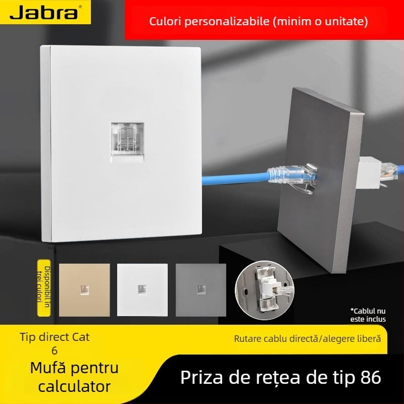 Panou priză rețea tip 86 Cat6 cu două prize — montat pe perete; standard: noul standard național; marcă: Jabra
