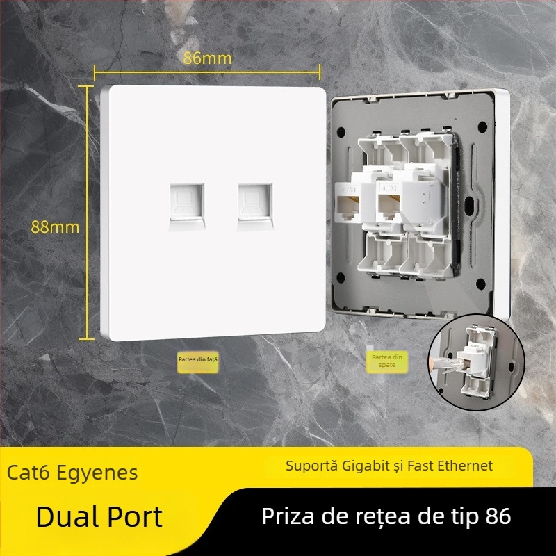 Panou priză rețea tip 86 Cat6 cu două prize — montat pe perete; standard: noul standard național; marcă: Jabra