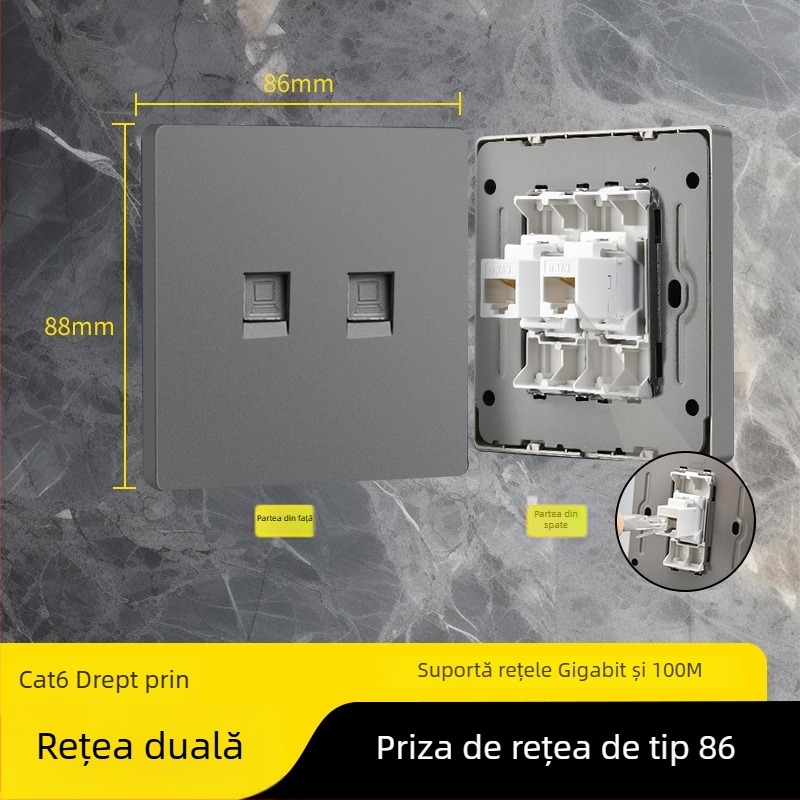Panou priză rețea tip 86 Cat6 cu două prize — montat pe perete; standard: noul standard național; marcă: Jabra