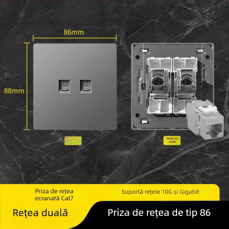Panou priză rețea tip 86 Cat6 cu două prize — montat pe perete; standard: noul standard național; marcă: Jabra