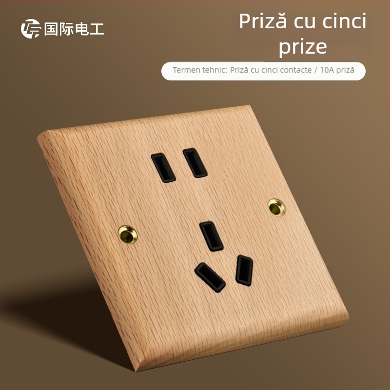 Panou de perete pentru întrerupător/priză tip 86, din lemn masiv, cu manetă din alamă, 10A/220V, certificat 3C