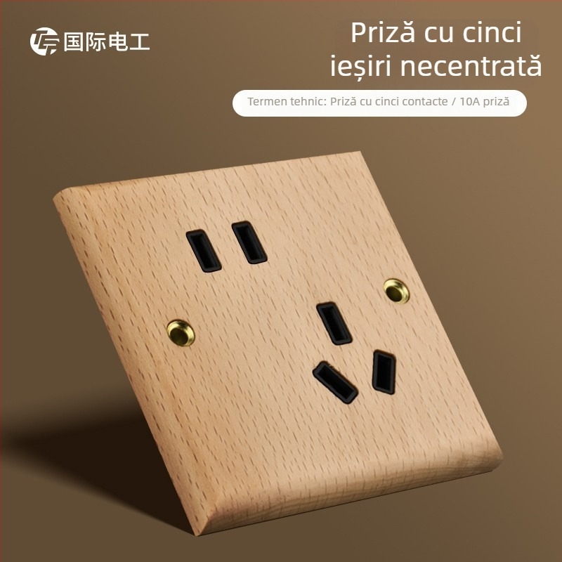 Panou de perete pentru întrerupător/priză tip 86, din lemn masiv, cu manetă din alamă, 10A/220V, certificat 3C