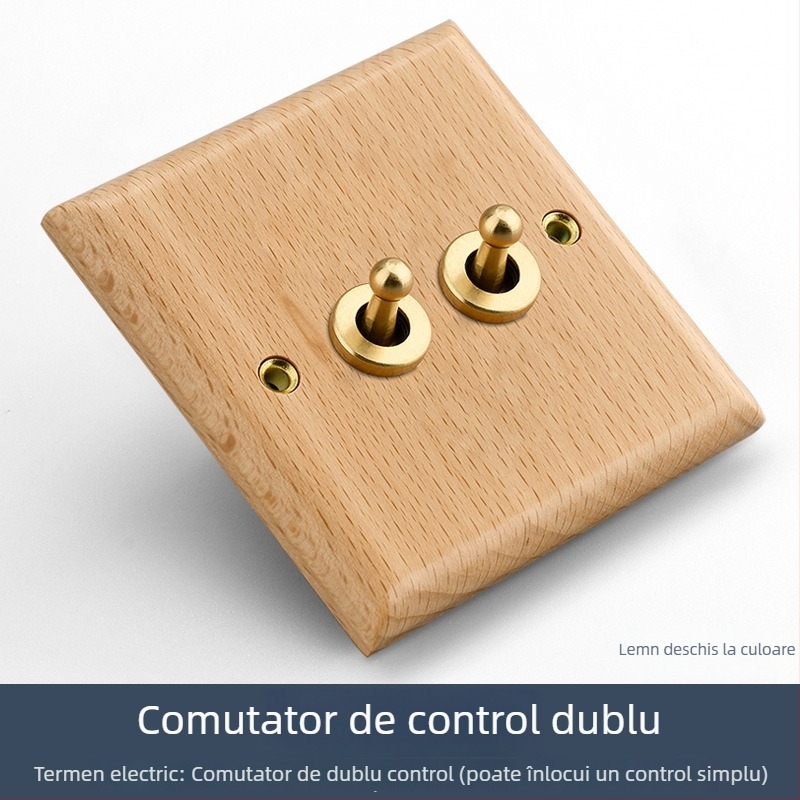 Panou de perete pentru întrerupător/priză tip 86, din lemn masiv, cu manetă din alamă, 10A/220V, certificat 3C