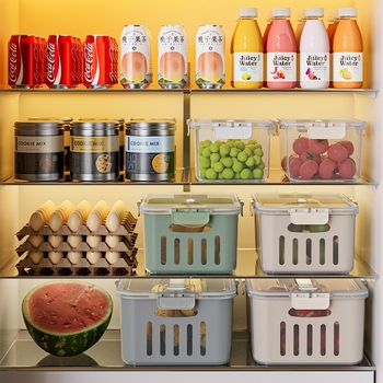 Cutie de depozitare alimentară din plastic cu capac, sigilată, cu sistem de scurgere pentru fructe, potrivită pentru microunde (Plastic • Sigilare • Scurgere • Microunde)