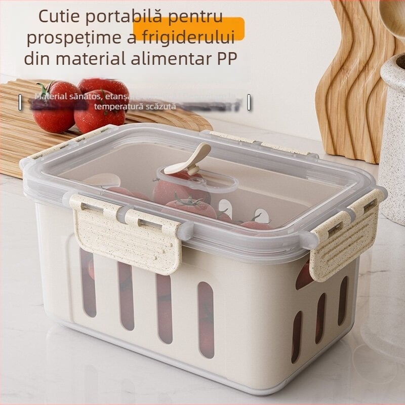 Cutie de depozitare alimentară din plastic cu capac, sigilată, cu sistem de scurgere pentru fructe, potrivită pentru microunde (Plastic • Sigilare • Scurgere • Microunde)