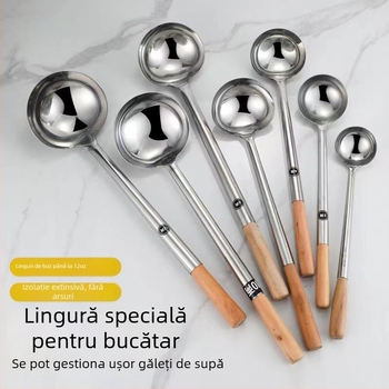 Lingură de gătit din oțel inoxidabil cu mâner din lemn sau oțel – anti-derapare, stil modern minimalist