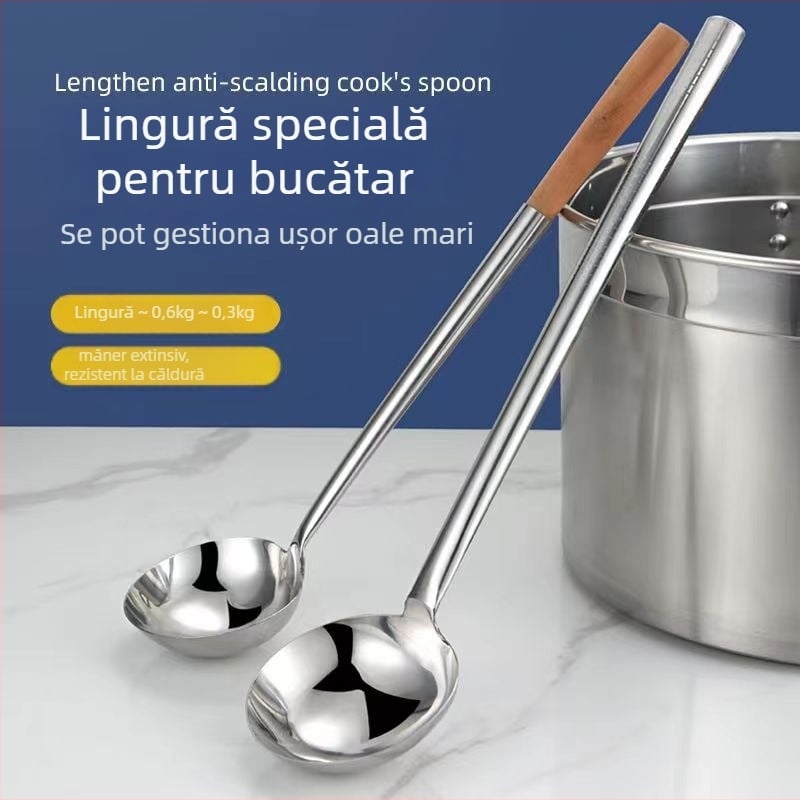 Lingură de gătit din oțel inoxidabil cu mâner din lemn sau oțel – anti-derapare, stil modern minimalist