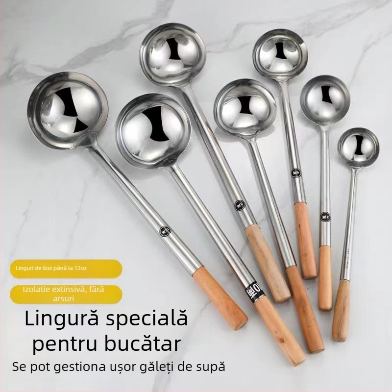 Lingură de gătit din oțel inoxidabil cu mâner din lemn sau oțel – anti-derapare, stil modern minimalist