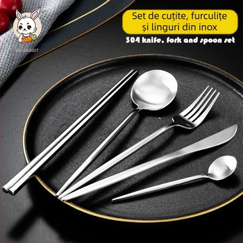 Thread Rabbit Set tacâmuri din oțel inoxidabil 304 — cuțit, furculiță și lingură, lustruire oglindă, culoare solidă, stil modern minimalist