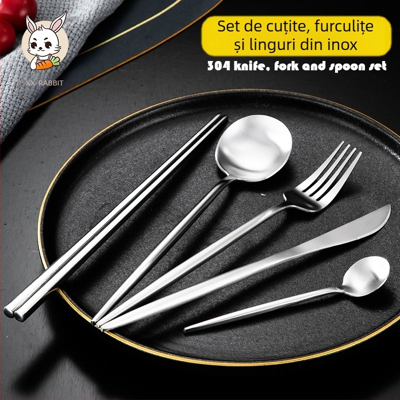 Thread Rabbit Set tacâmuri din oțel inoxidabil 304 — cuțit, furculiță și lingură, lustruire oglindă, culoare solidă, stil modern minimalist