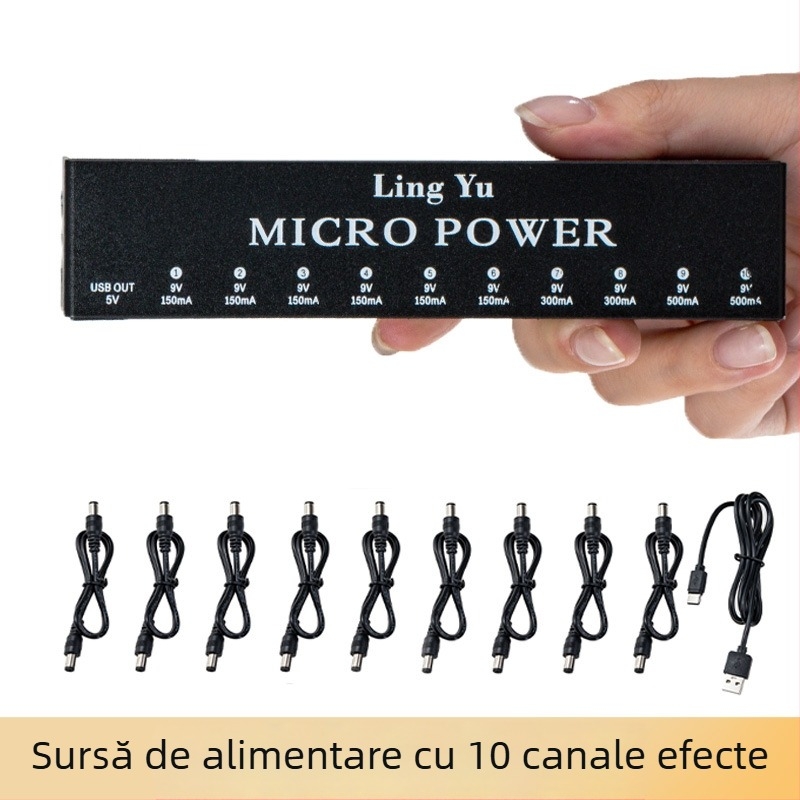 Sursă de alimentare pentru efecte, 10 canale, pentru instrumente muzicale, aliaj nichel-argintiu cu placare argintie, ambalaj într-o cutie din piele