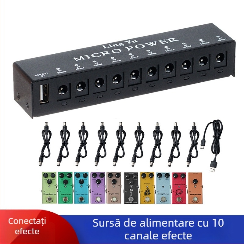 Sursă de alimentare pentru efecte, 10 canale, pentru instrumente muzicale, aliaj nichel-argintiu cu placare argintie, ambalaj într-o cutie din piele