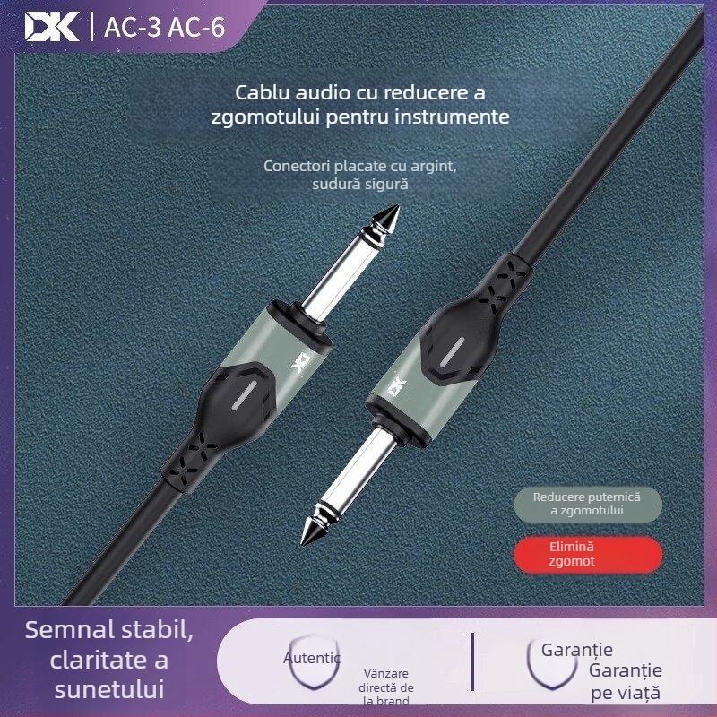 Cablu audio pentru instrumente muzicale cu reducere a zgomotului, 3,6 m, model AC-3/AC-6, conectare pentru chitară electrică și bas