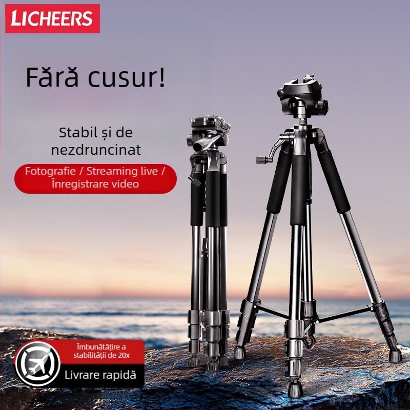 Trepied pentru cameră, destinat SLR, macro și filmări pe telefon, înălțime 1,8 m, construcție metalică, design cu 3 secțiuni