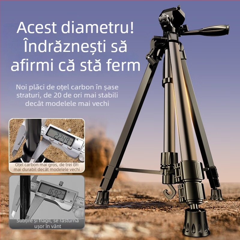 Trepied pentru cameră, destinat SLR, macro și filmări pe telefon, înălțime 1,8 m, construcție metalică, design cu 3 secțiuni