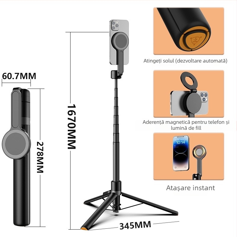Selfie magnetic cu trepied pentru telefonul mobil, Bluetooth, telecomandă inclusă, personalizabil, portabil, extensibil