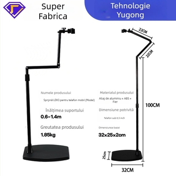 Suport pentru telefon mobil pentru streaming live, suport de podea pentru fotografiere de deasupra, rotire de 360°, construcție din aliaj