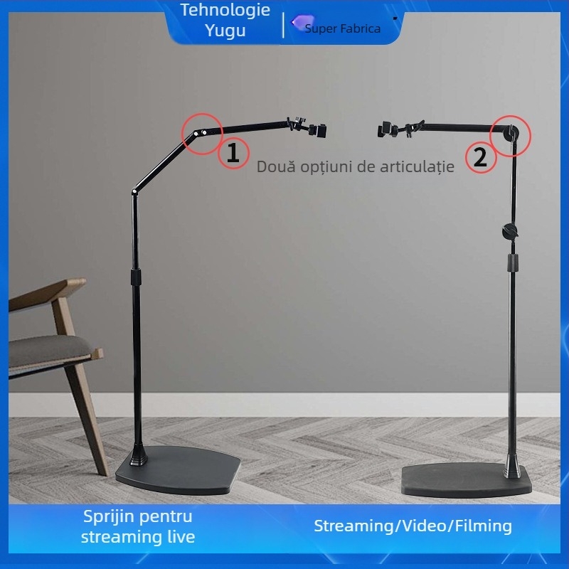 Suport pentru telefon mobil pentru streaming live, suport de podea pentru fotografiere de deasupra, rotire de 360°, construcție din aliaj