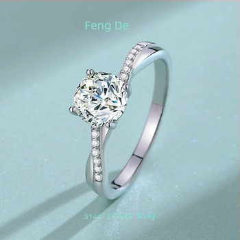 Inel din argint 925 cu moissanit, pentru femei, design geometric minimalist, montură cu patru gheare