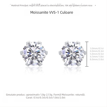 Cercei Moissanite din argint Sterling – stil unisex, rotund/geometric, tăiere cu opt inimi și opt săgeți