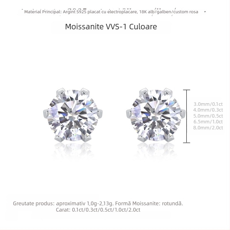 Cercei Moissanite din argint Sterling – stil unisex, rotund/geometric, tăiere cu opt inimi și opt săgeți