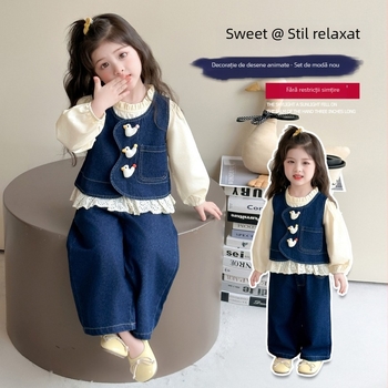 Set denim pentru fete – stil coreean, imprimeu desen animat, mâneci lungi, pulover, toamnă