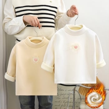 Top pentru fetițe, din fleece călduros, cu mâneci lungi și guler înalt, stil coreean, fără glugă, Aurora Fleece, 95% poliester, pentru iarnă/toamnă