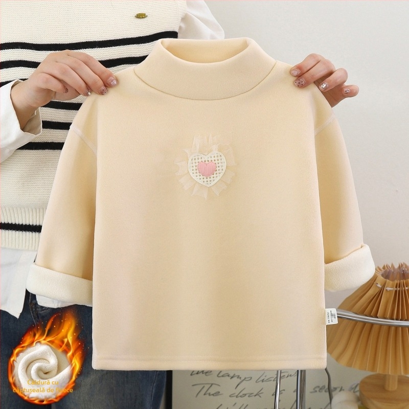 Top pentru fetițe, din fleece călduros, cu mâneci lungi și guler înalt, stil coreean, fără glugă, Aurora Fleece, 95% poliester, pentru iarnă/toamnă