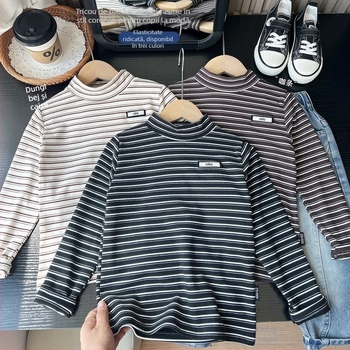 Tricou pentru copii cu mânecă lungă, în dungi, stretch, stil coreean, material amestec poliester, pentru băieți peste 8 ani, iarnă 2025