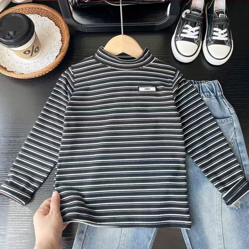 Tricou pentru copii cu mânecă lungă, în dungi, stretch, stil coreean, material amestec poliester, pentru băieți peste 8 ani, iarnă 2025