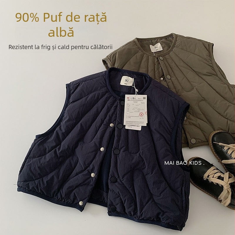Vesta pentru copii cu puf, versiune coreeană, umplutură din puf de rață alb, 95%+ conținut, husă din nailon gros, închidere cu nasturi pe o singură rând