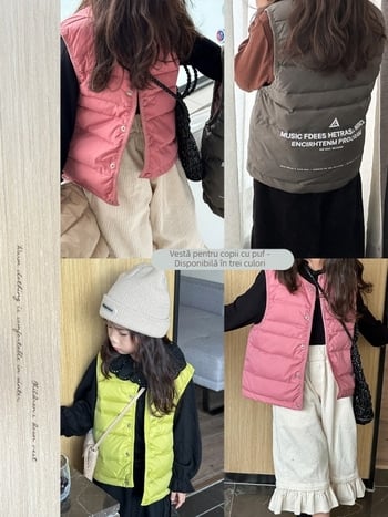 Vesta pentru copii cu umplutură din puf de rață alb, exterior din nylon, căptușeală poliester, fără mâneci, pentru copii 3–8 ani