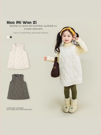 Rochie pentru fetițe fără mâneci, în carouri, iarnă, căptușită; material principal 100% poliester; căptușeală 100% poliester; stil coreean cu bretele; croială în A-line