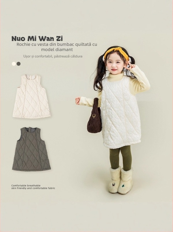 Rochie pentru fetițe fără mâneci, în carouri, iarnă, căptușită; material principal 100% poliester; căptușeală 100% poliester; stil coreean cu bretele; croială în A-line