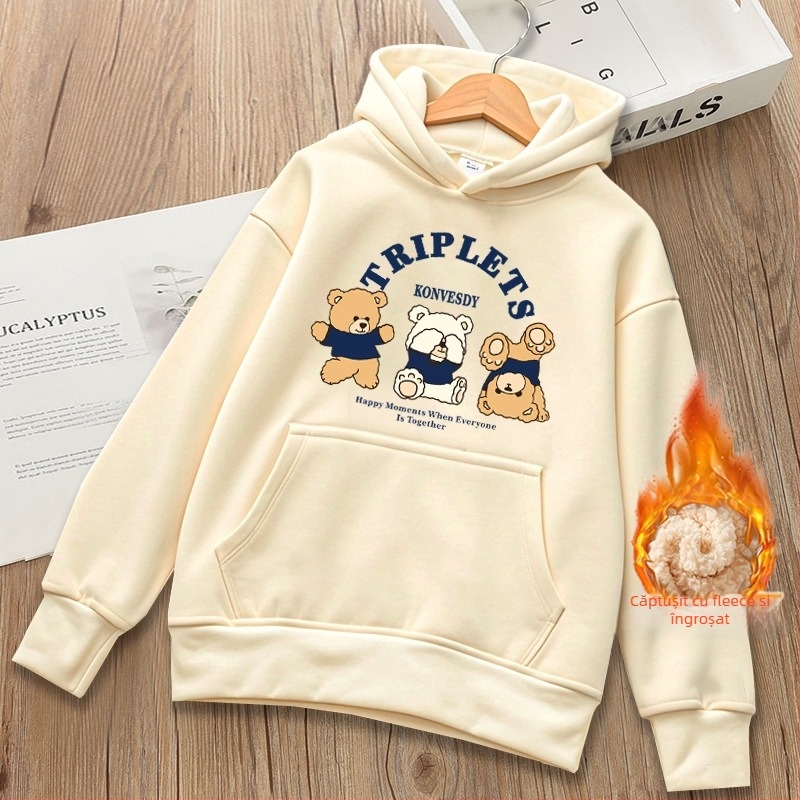 Hanorac cu glugă din bumbac, căptușit cu fleece, gros, imprimeu cu desene animate, pentru copii de 8 ani și peste