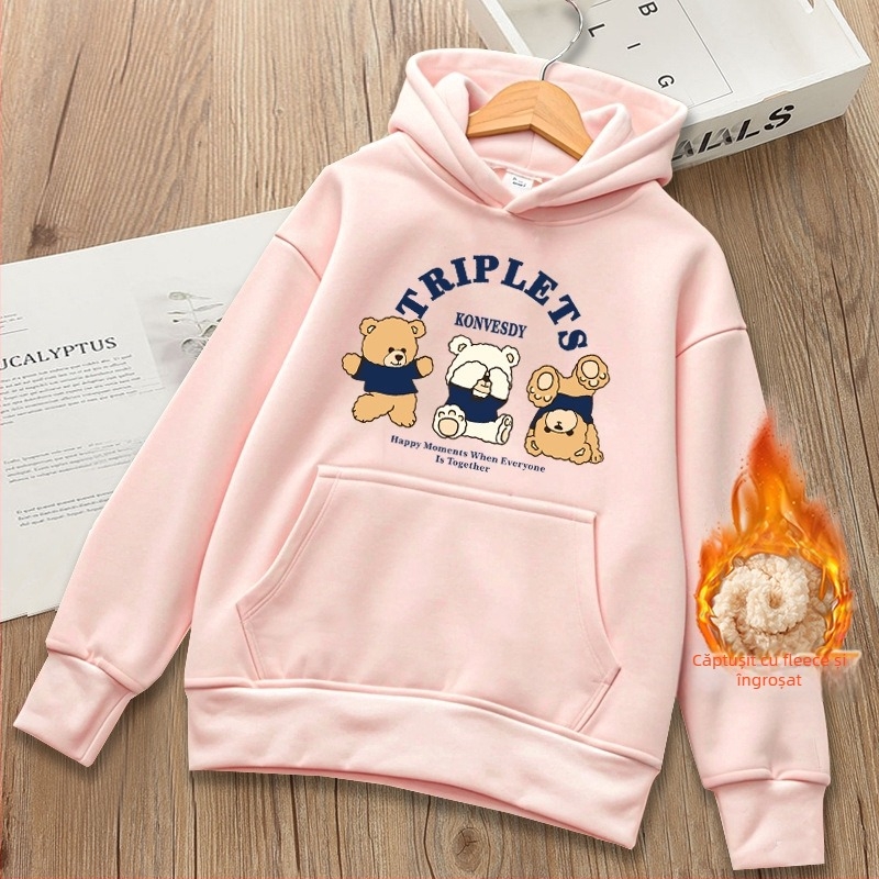 Hanorac cu glugă din bumbac, căptușit cu fleece, gros, imprimeu cu desene animate, pentru copii de 8 ani și peste