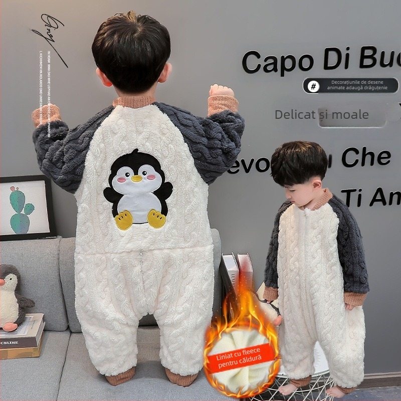Pijamă pentru copii dintr-o singură bucată, poliester, fleece coral gros, imprimeu desen animat, stil coreean