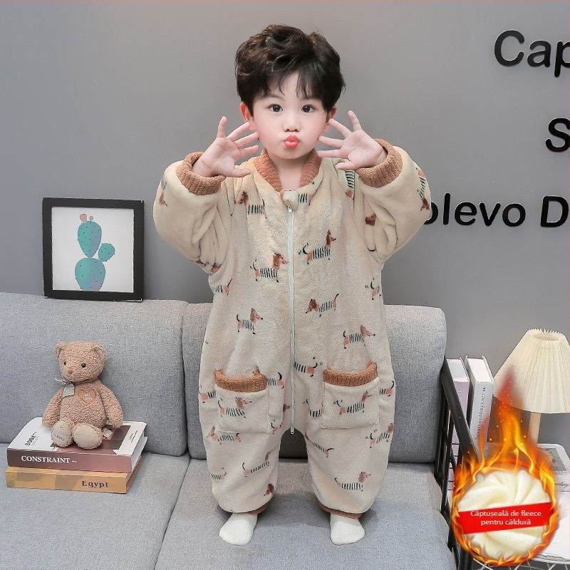 Pijama pentru copii într-o singură piesă pentru iarnă, fleece gros, 100% poliester, imprimeu desen animat, stil coreean