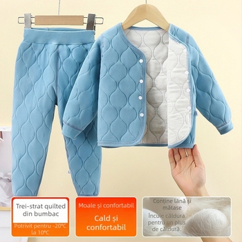 Costum de iarnă pentru copii din două piese: jachetă căptușită cu trei straturi quilted și pantaloni, culoare solidă, material poliester moale, gros, pentru vârsta 8+, toamnă–primăvară
