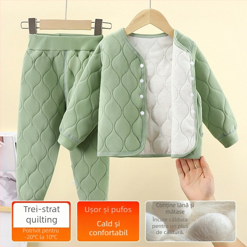 Costum de iarnă pentru copii din două piese: jachetă căptușită cu trei straturi quilted și pantaloni, culoare solidă, material poliester moale, gros, pentru vârsta 8+, toamnă–primăvară