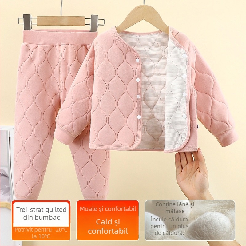 Costum de iarnă pentru copii din două piese: jachetă căptușită cu trei straturi quilted și pantaloni, culoare solidă, material poliester moale, gros, pentru vârsta 8+, toamnă–primăvară
